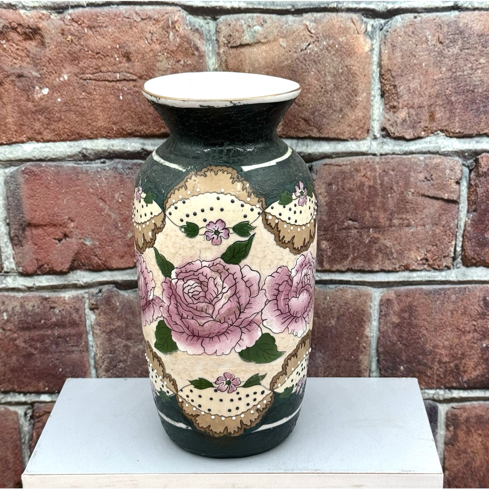 Vintage 8” Textured Hand-Painted Ceramic Porcelain Chinese‎ Floral Vase Green